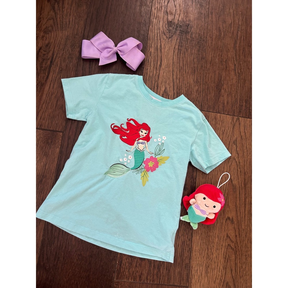 Disney The Little Mermaid Ariel Girls Mint embroidered tee, Plush & Bow Set 6/6x